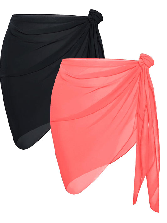 2 Pieces Sarong Cover Ups for Women Beach Bathing Suit Wrap Sheer Short Skirt Bikini Chiffon Scarf for Swimwear (Black and Fluorescent Orange)