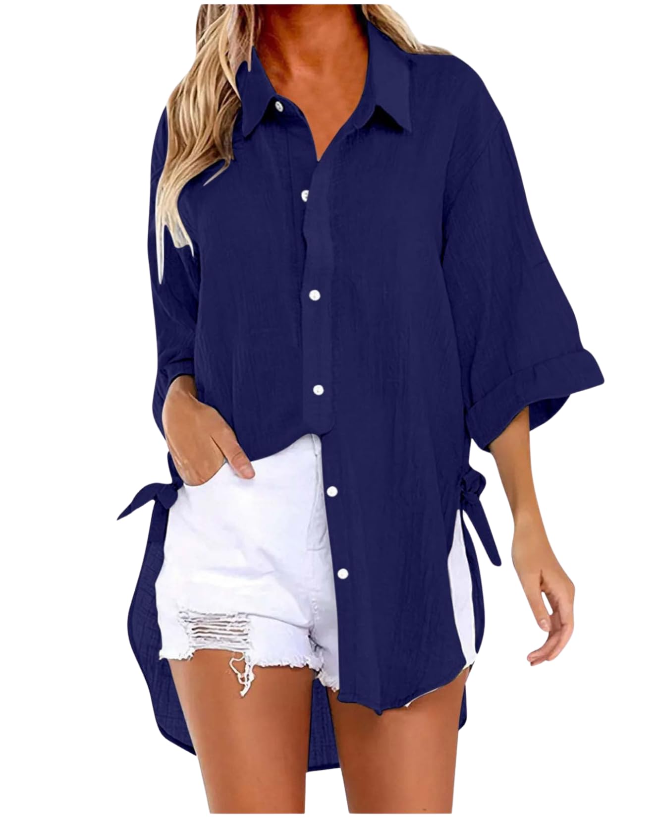 LIZALIG Women's Soft Linen Shirt Summer 3/4 Sleeve V-Neck Top for Beach Travel Daily Life Navy Blue