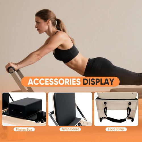 Professional Pilates Reformer Machine with Jumpboard, Reformer Box & Foot Straps – Studio-Grade Wood Frame Equipment for Home Workouts, Adjustable Resistance & Smooth Glide System (Black)