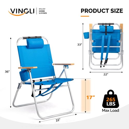 VINGLI Aluminum Backpack Beach Chair – Tall Beach Chairs for Adults, Portable with Adjustable Straps, 3-Position Reclining, Cup Holder, High Lightweight Beach Chairs for Beach (Blue, 17" High)