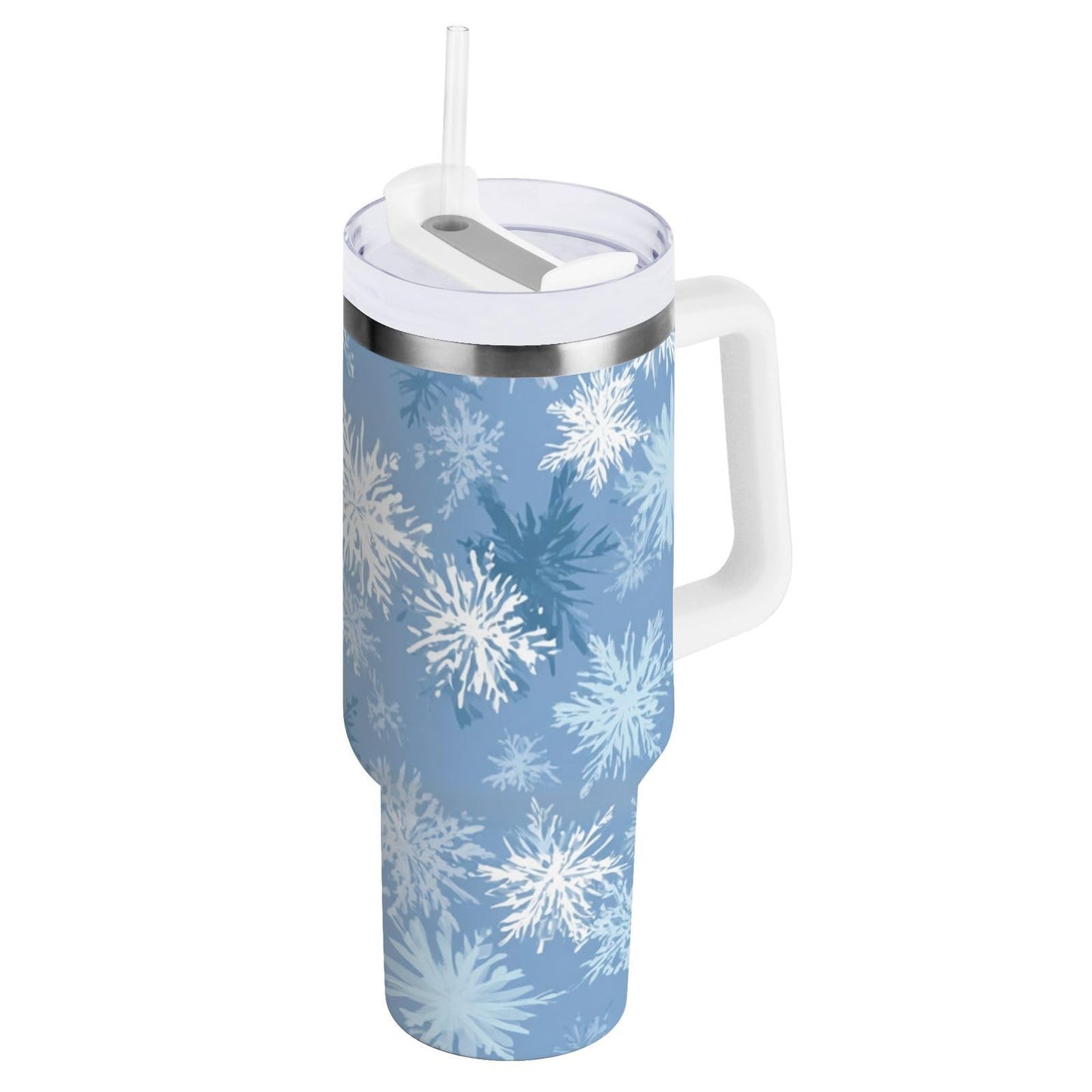 Boccsty Blue White Snowflakes Insulated Tumblers Winter Christmas Theme Reusable Stainless Steel Tumbler 30 oz Cup Coffee Travel Mug Water Bottle with Handle & Flip Straw for Home Office Car