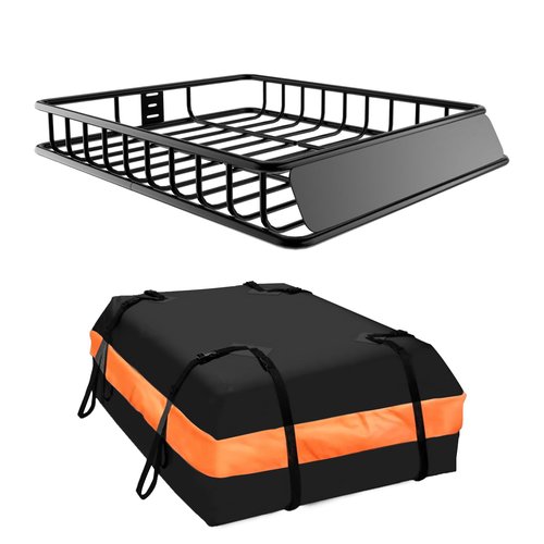 Fruyyzl 51"x36"x5" Roof Rack,Heavy Duty Rooftop Cargo Carrier,Roof Basket with Waterproof Bag,Elastic Net with Attachment Hooks,Ratchet Strap,Universal Roof Rack Fits for SUV Truck