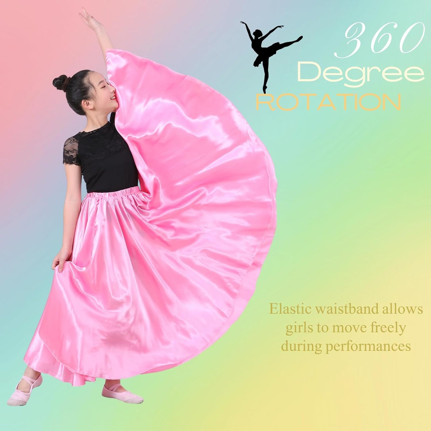 2 Pcs Long Satin Skirt for Girls Full Dancing Circle Skirt for Kids 8-12 Years