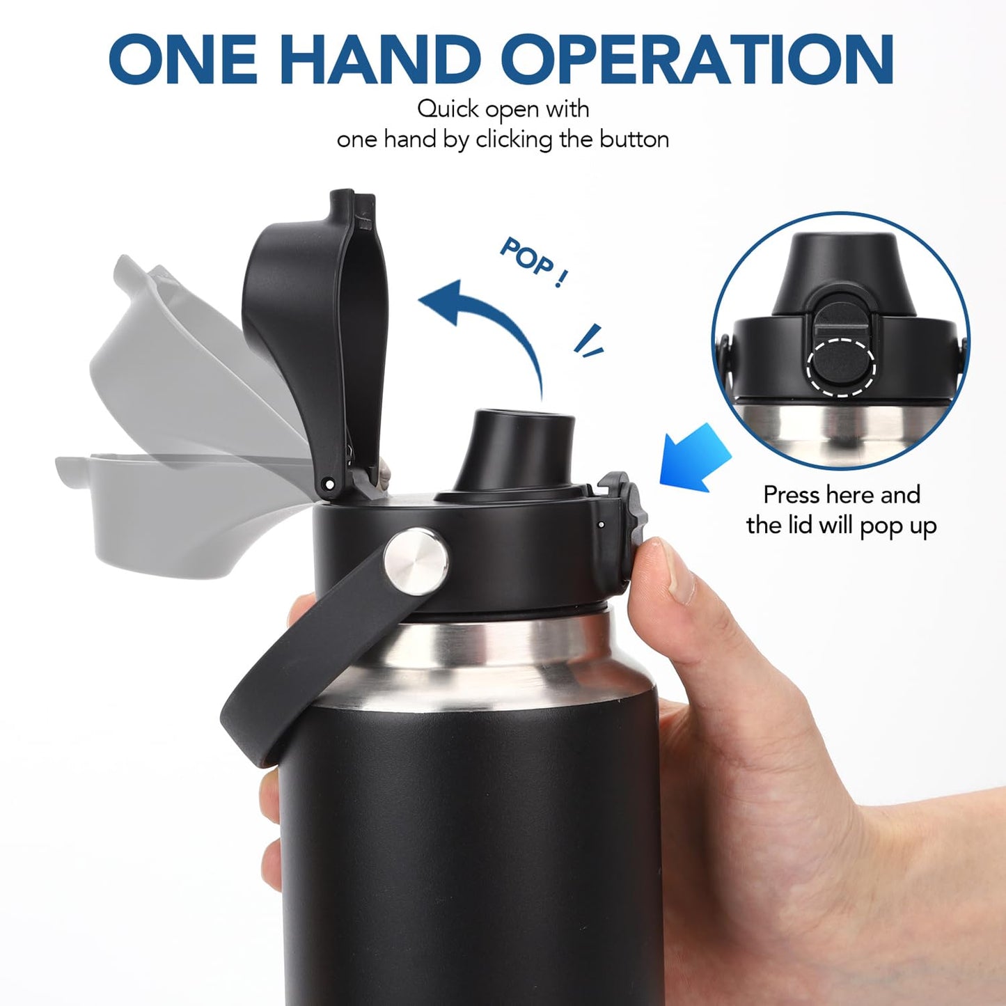 POYAKU Auto Spout Lid for Yeti Rambler 12/18/26/36/46/64 Oz Chug Cap Replacement with Soft Handle for RTIC | Leakproof | BPA Free | Dishwasher Safe (Aotu Spout Lid, Black)