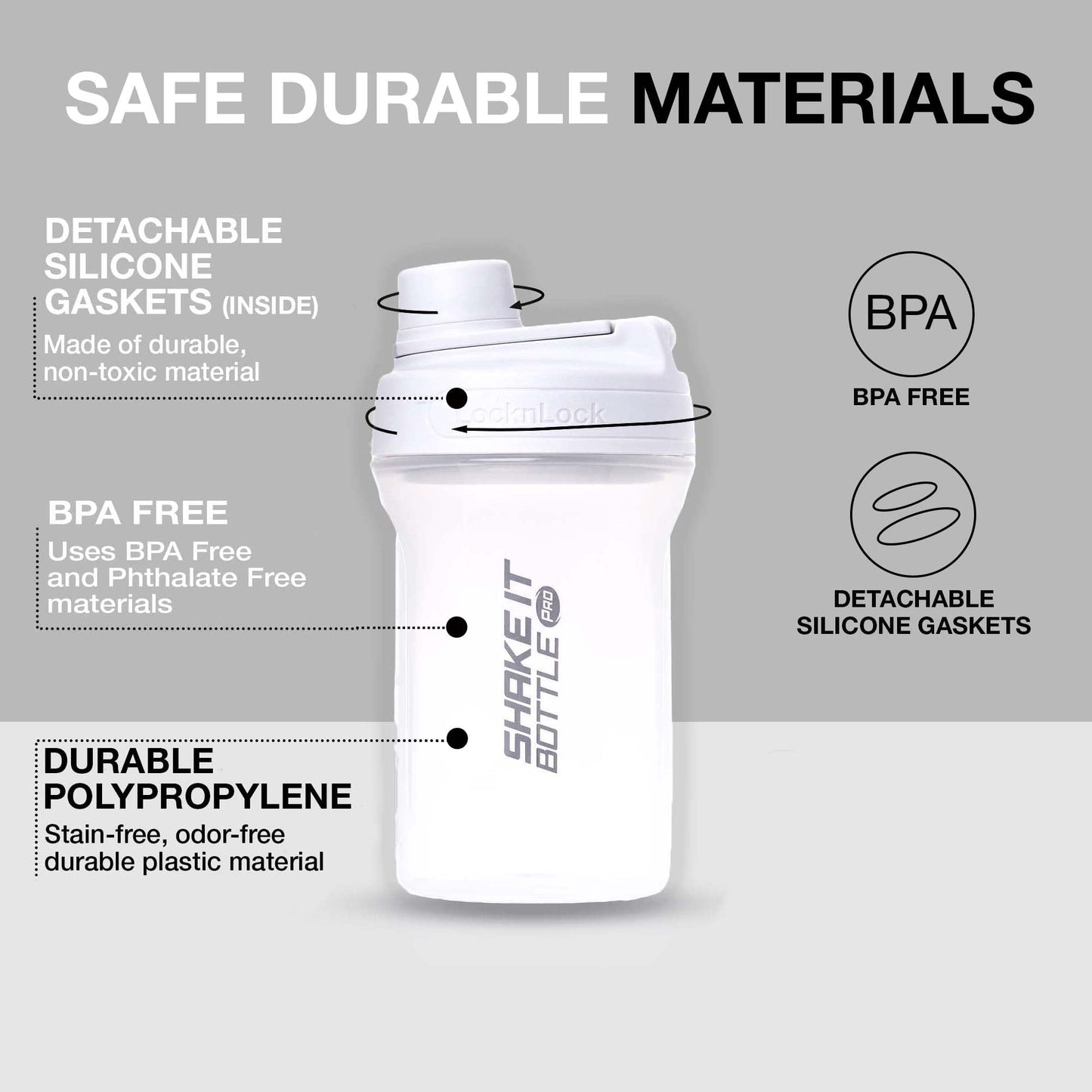 LocknLock HAP943LGRY Shake It Bottle Pro, Protein Shaker Cup for Shakes, Mixes, Pre Workout, Gym, Fitness, Sports, Travel, BPA-Free Plastic, Leakproof, Portable, with Lid and Handle, 22 oz, Off White