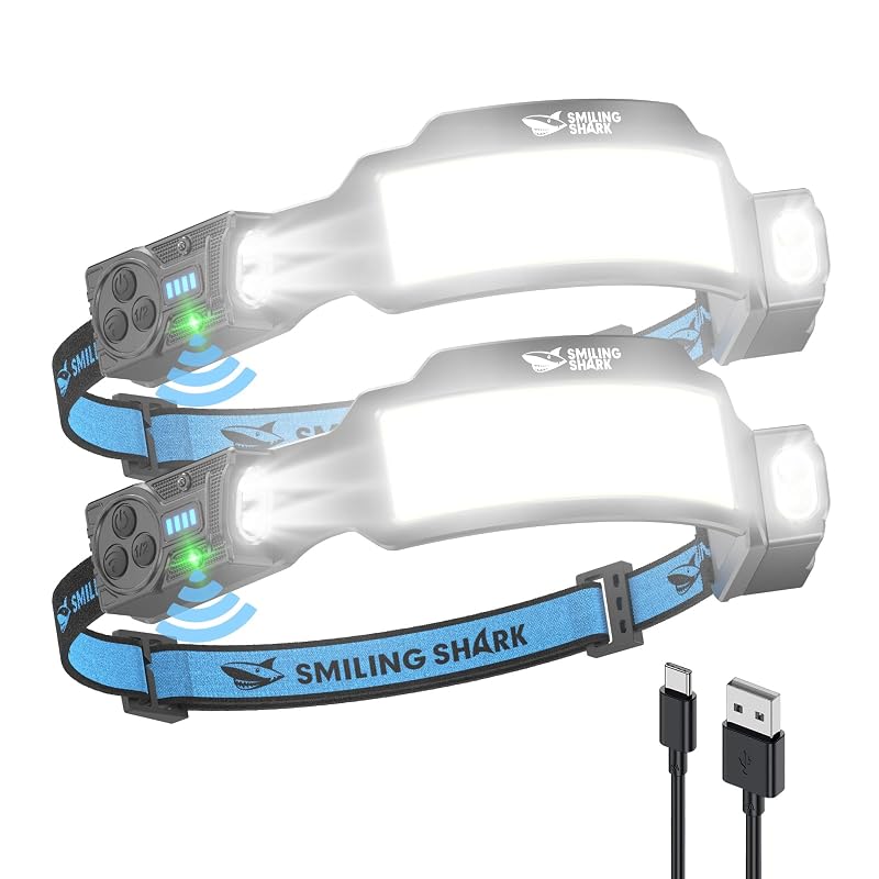 2 Pack Smiling Shark TS-6 Headlamp with 6x Flood & Dual Spotlight, Rechargeable 2400mAh