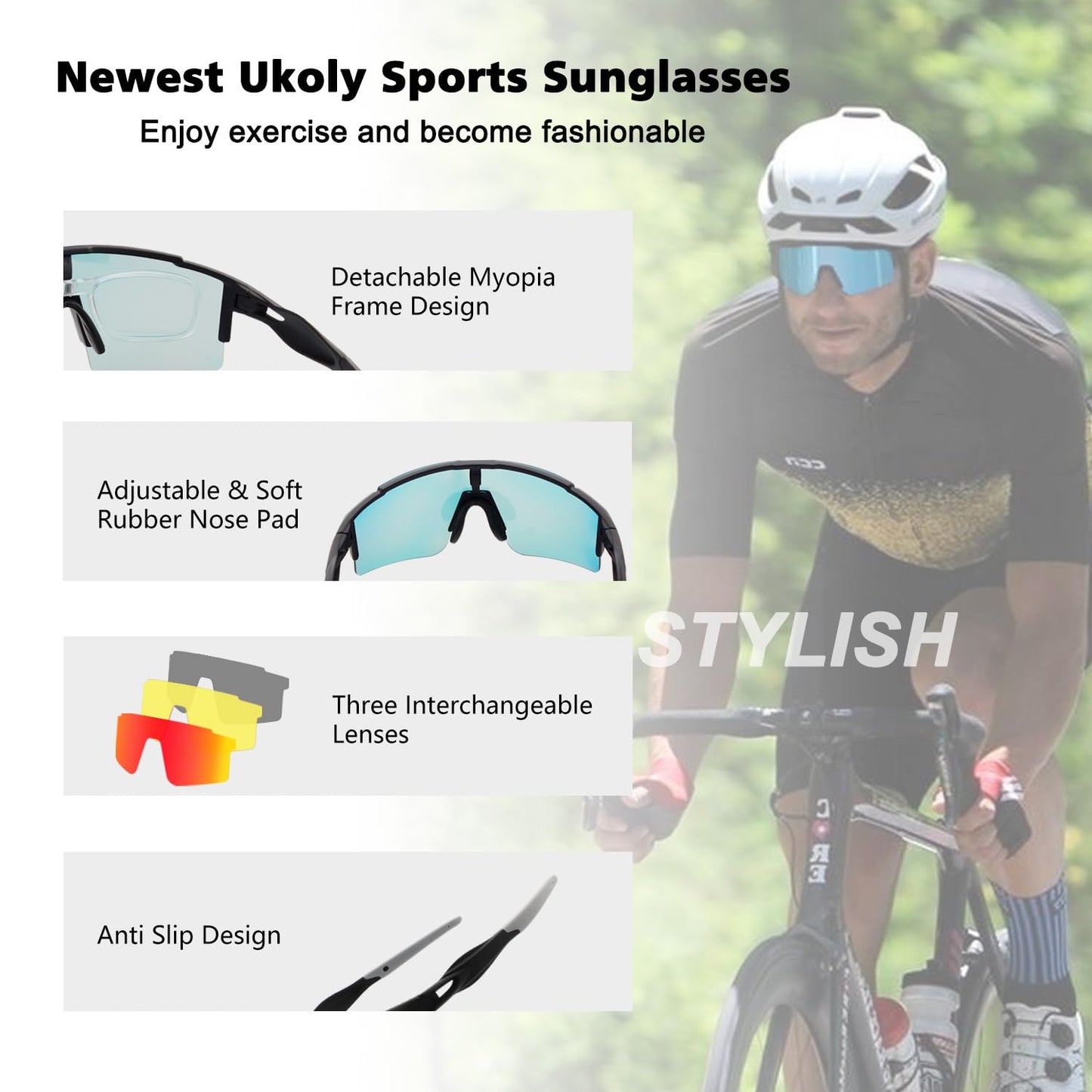 Ukoly Cycling Sunglasses for Men & Women - 3 Interchangeable Lenses, Polarized Sports Sunglasses