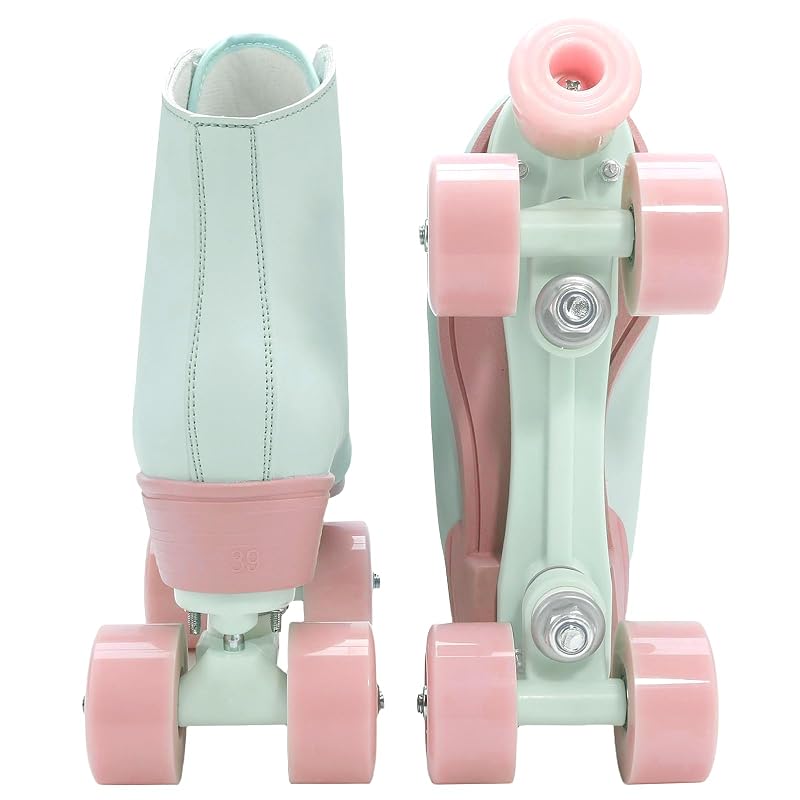 XUDREZ Light Green PU Roller Skates for Girls & Women, Pink Light-Up Wheels, Age 6-12, 37-US