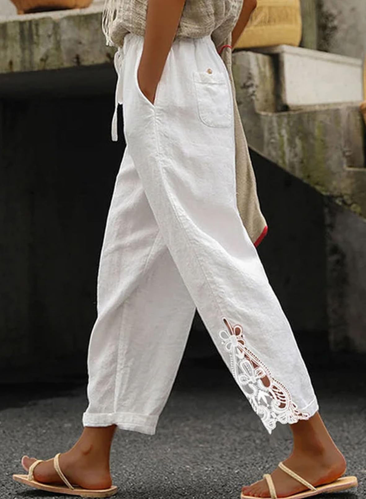 Acelitt Womens Casual Linen Pants Lightweight Drawstring Elastic Waist Fall 2026 Beach Ankle Capri Pants Trousers White Medium
