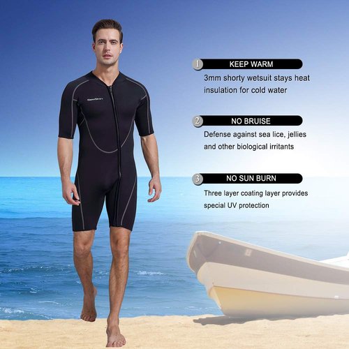 Seaskin Mens 3mm Shorty Wetsuit, Full Body Diving Suit Front Zip Wetsuit for Diving Snorkeling Surfing Swimming Large