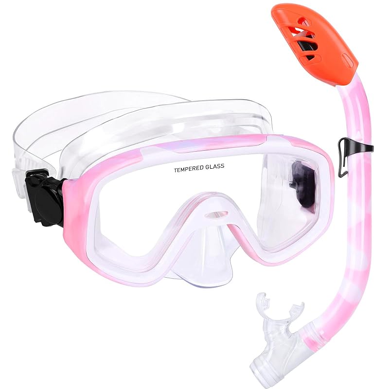 Kids Snorkel Set with Anti-Fog Mask & Dry Top Snorkel - Pink/White