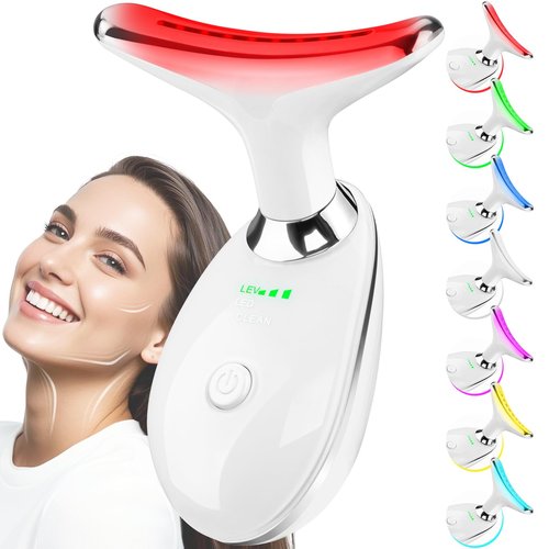 OCAWAYEE Face and Neck Massager Tool, 7 Colors LED Light Therapy Wand for Wrinkles, Double Chin, Portable Facial Massager with Vibrating and Thermals for Skin Care, Glossy White