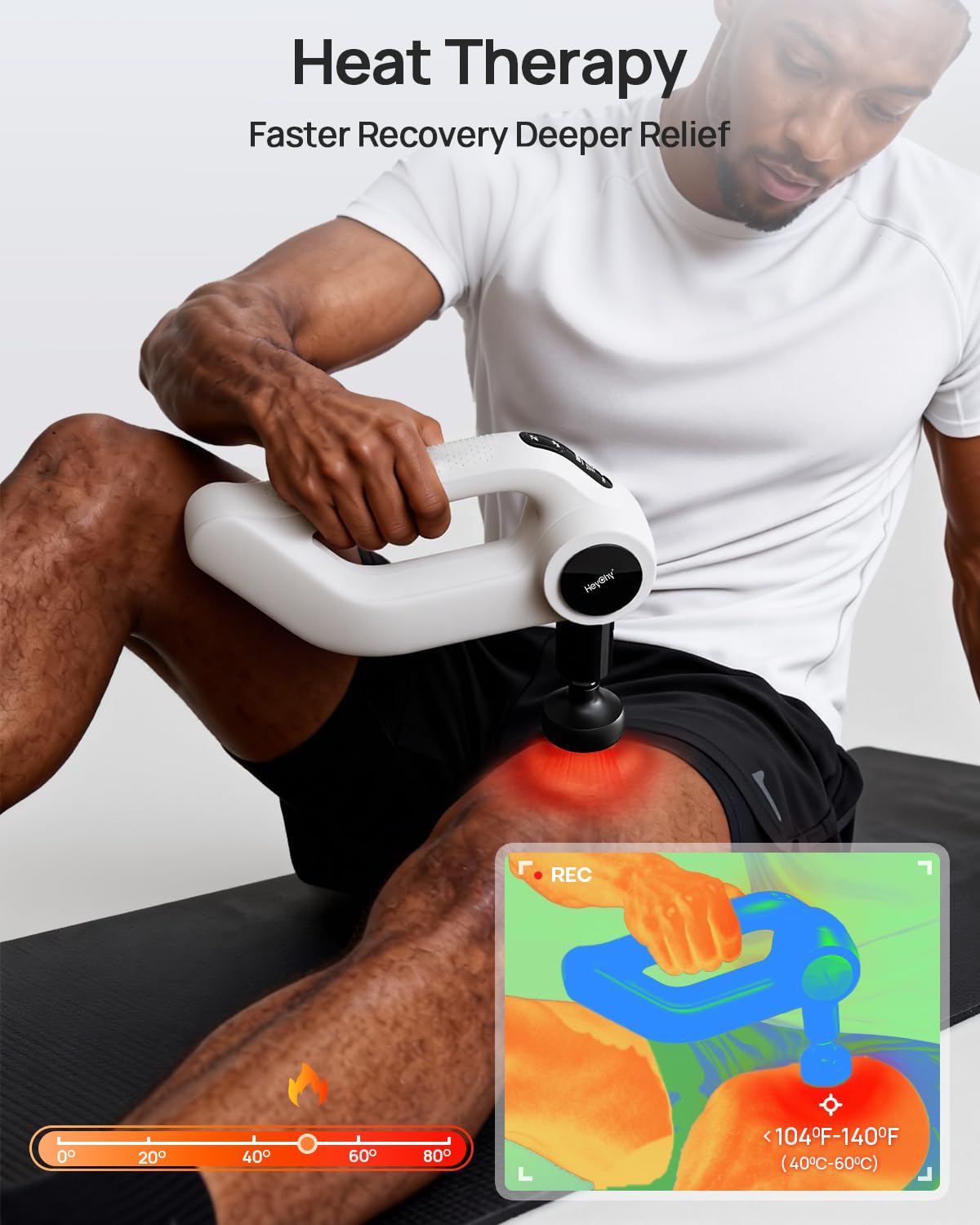 HEYCHY Massage Gun Deep Tissue with Heat Therapy, 12mm Amplitude Muscle Massager for Athletes, 5 Speeds & 4 Modes Massager Gun for Neck Back Shoulder Leg Pain Relief - Perfect for Men, White