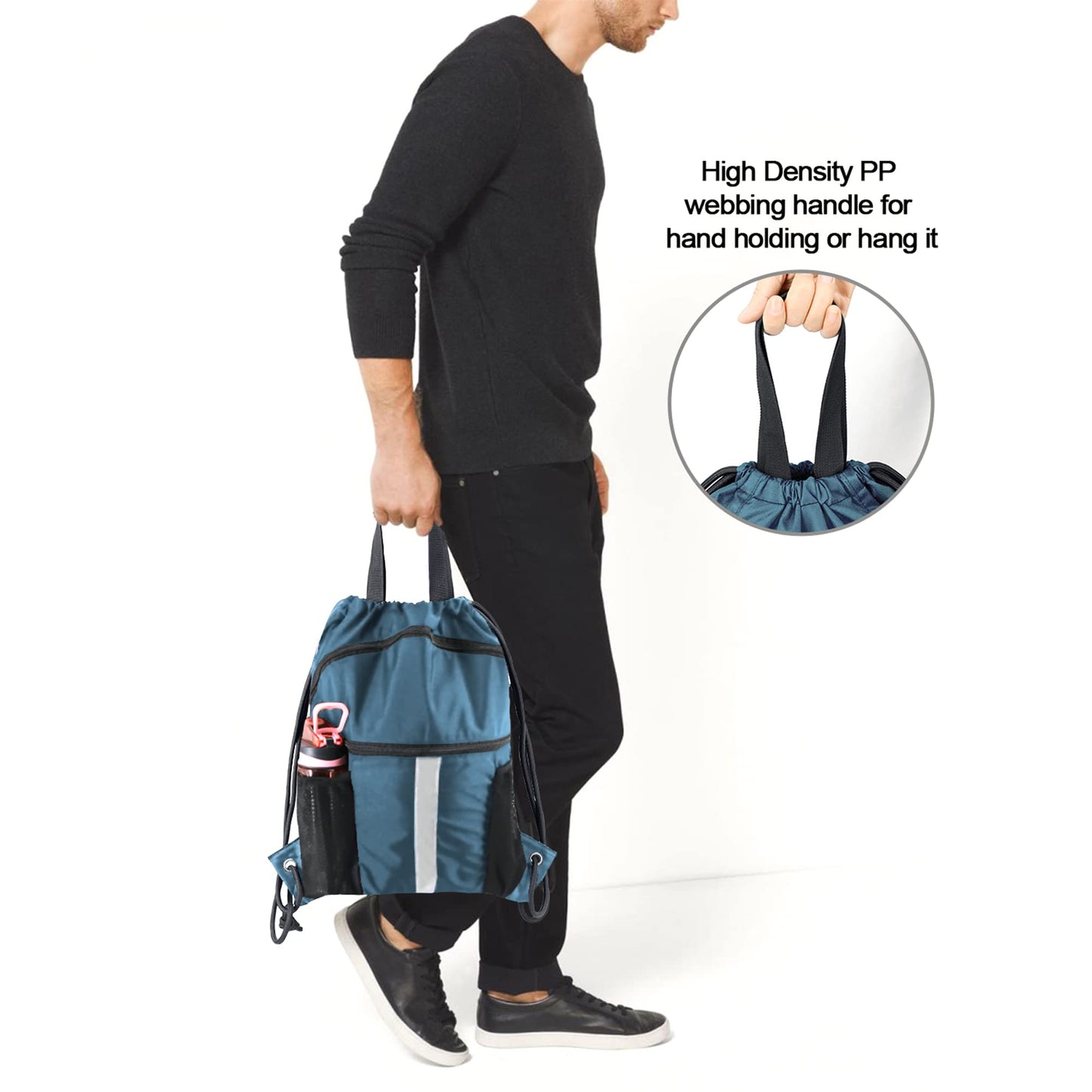 BeeGreen Workout Backpack with Shoe Compartment - Large Sackpack String Bag with Zipper Pockets and Water Bottle Pockets - Sports Yoga Cinch Bag for Gym - Haze Blue