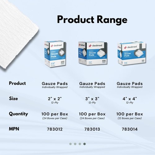 Dealmed 2’’ x 2’’ Sterile Gauze Pads (100 Count) Disposable and Individually Wrapped Medical Gauze Pads, Wound Care Product for First Aid Kit and Medical Facilities (Pack of 1)
