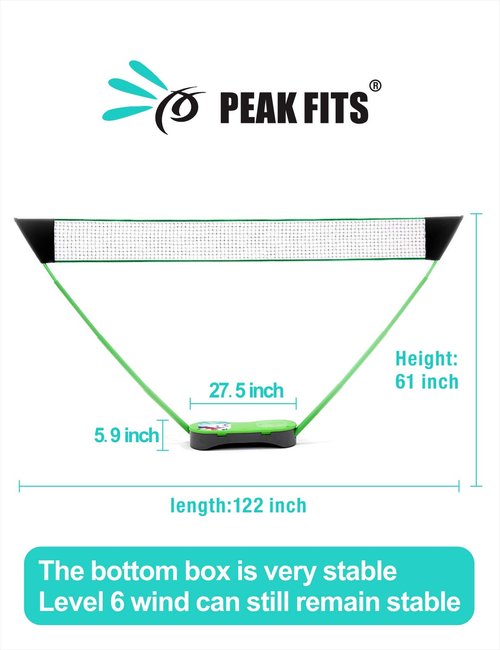 Peak Fits Portable Badminton Net Set,Folding Volleyball Badminton Net,4 Professional Graphite Badminton Racket,8 Racket Grip Tape,4 Shuttlecocks,Family Game,Backyard Sports