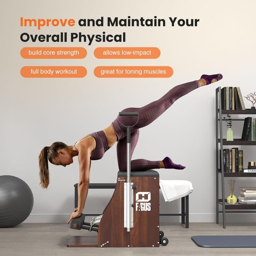Pilates Pro Chair, Split-Pedal Stability Combo Chair with Handles, Yoga Fitness Trainer, Pilates Reformer Machine, Pilates Equipment Perfect for Home Use & Gym Workout, Black Walnut and Black Pad