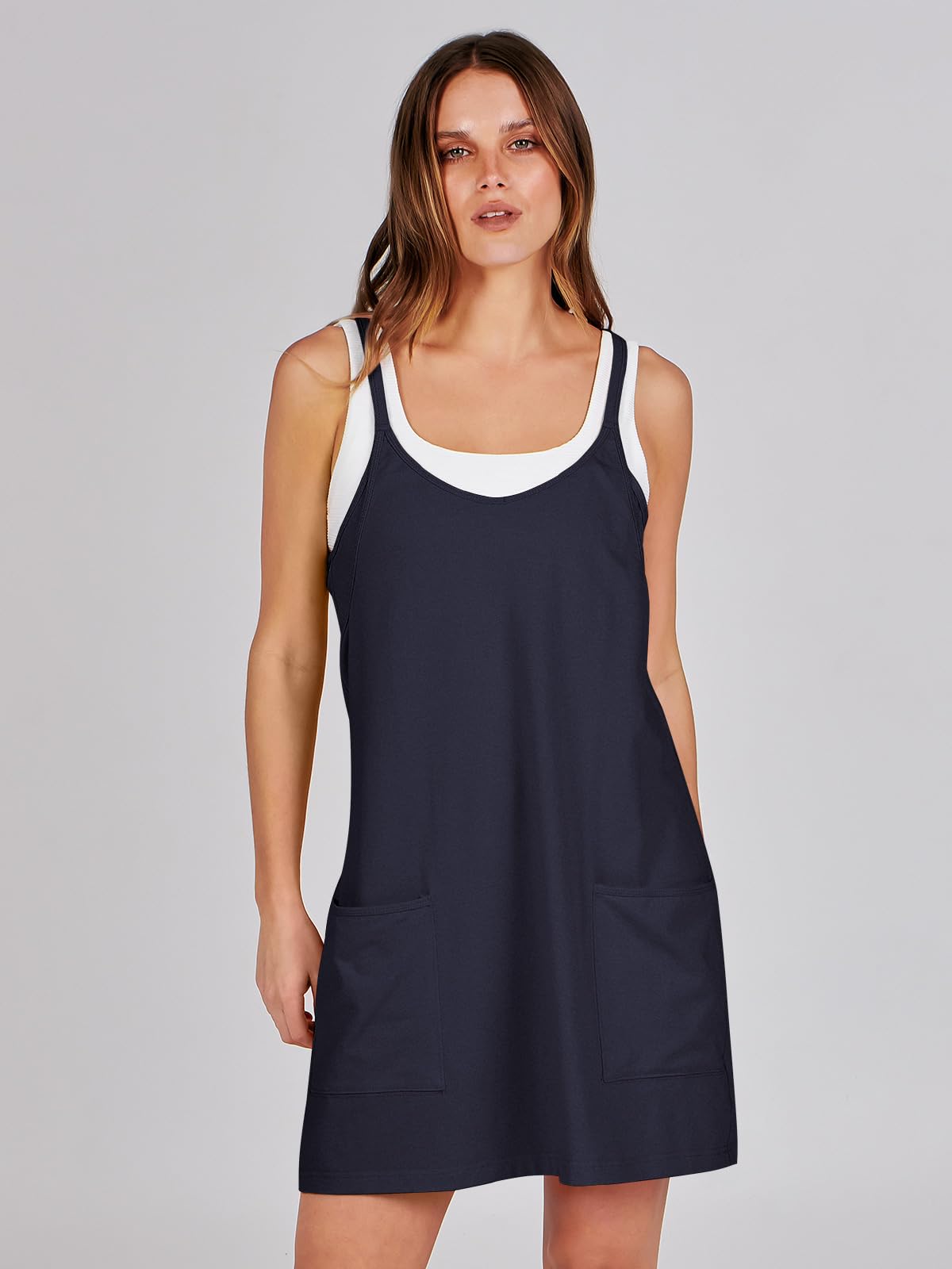 ANRABESS Women Athletic Dress Summer Tennis Workout Active Sports Mini Romper Dress Built in Shorts Travel Vacation Clothes Navy Blue Medium