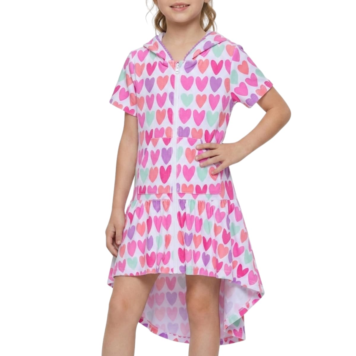 WELAKEN Girls Hooded Terry Swim Cover-Up Dress Full Zip Cute High-Low Hem Beach Dress with Pockets for Toddlers & Kids,Heart,6-7Y