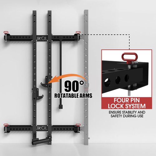 Mikolo 2" x 2" Folding Wall Mounted Squat Rack, 1000 Pounds Capacity Power Rack with Pull Up Bar, J Hooks, Landmine and Other Attachments, Space-Saving Home Gym(Black