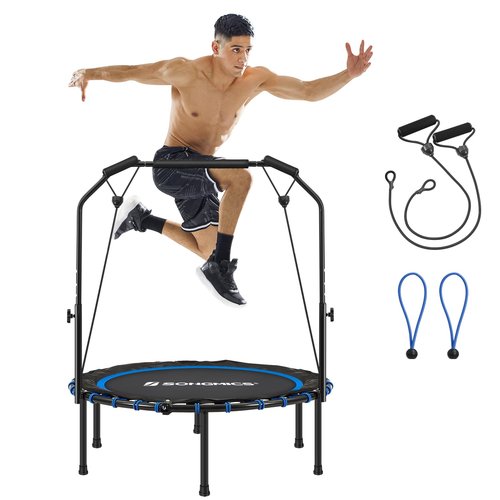 SONGMICS 40 Inches Mini Fitness Trampoline, Fitness Rebounder with Adjustable Handrail, Foldable Trampoline for At-Home Workout, Max. Load 264.6 lb, Blue and Black USTR040Q01