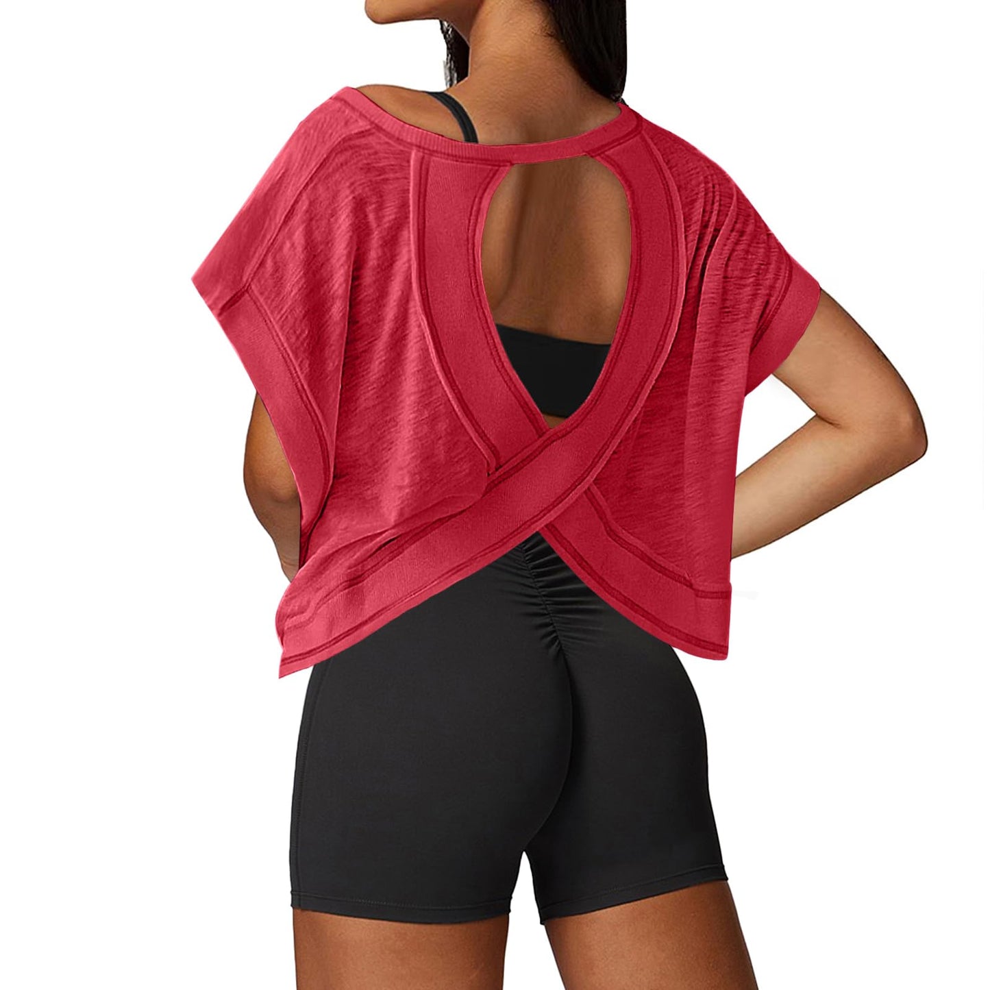UNIANKIYA Open Back Workout Tops for Women Loose Fit Athletic Crop Tee Short Sleeve Gym Running Yoga Shirt Red