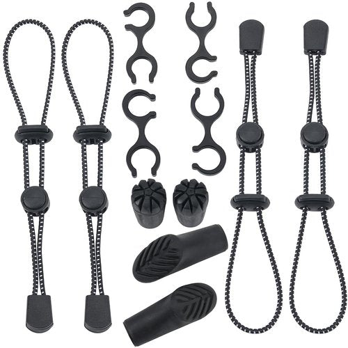 4Pcs Hiking Stick Holder Strap Black Fixing Buckle Elastic Rope Backpack Lanyard Straps with Pole Tips Cane Clip for Camping Mountaining Walking Trekking Fishing Accessories