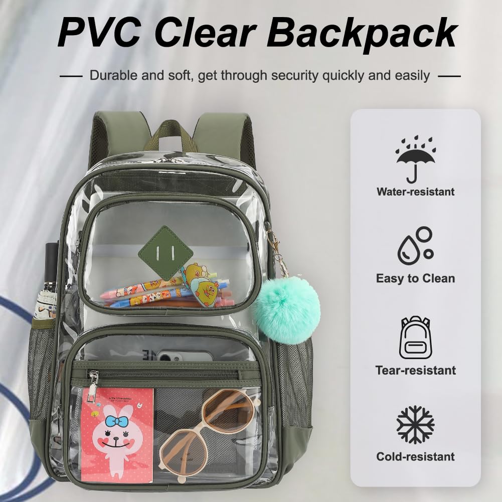 Heavy Duty Clear Backpack for Girls Boys Transparent School Bookbag Kids Durable PVC See Through Backpack-Army Green