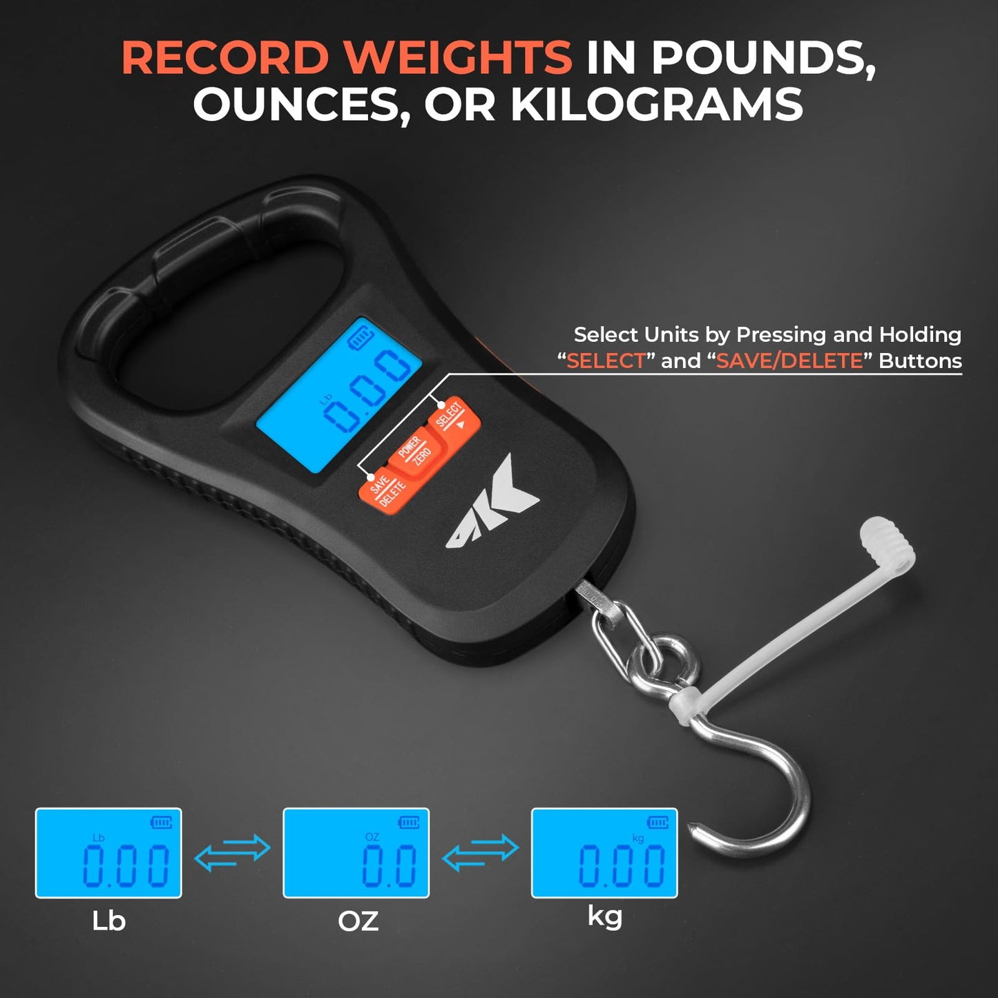 KastKing ToughTide Fishing Scale, USB Charging, 65lb Capacity, Ultra-Thin Digital Fish Scale, LCD Display, Ergonomic Handle, Fish Scales Digital Weight, Fishing Accessories for Men, Black