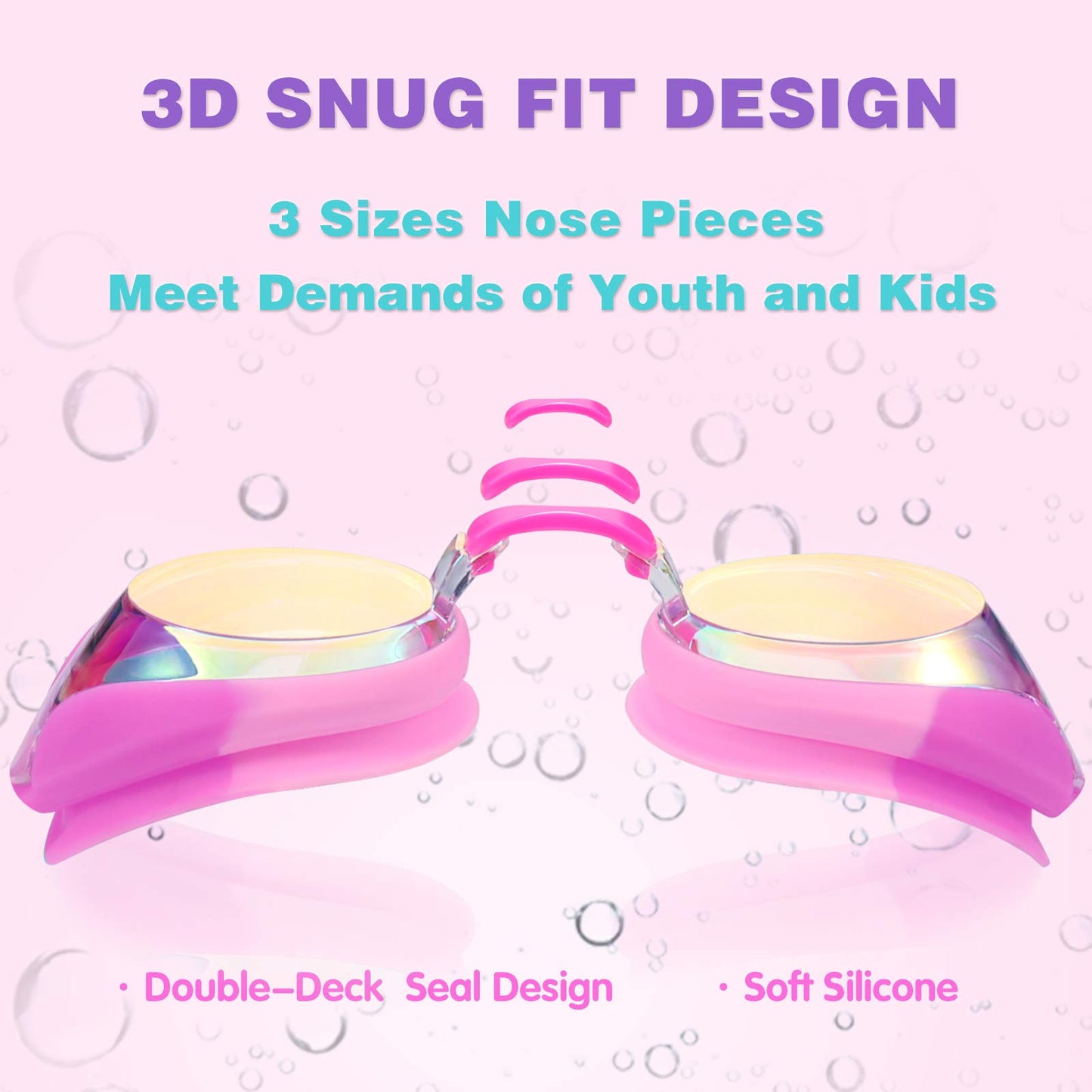 Keary Kids Swim Goggles for Toddler Children Girls Boys Youth, Anti-Fog Waterproof UV Protection Clear Vision Mirror Flat Lens, Pink Kids Goggles with 3 Nose Pieces