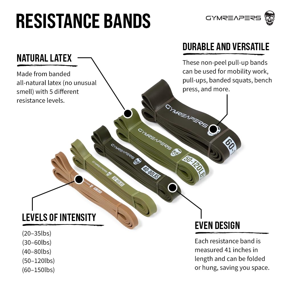 Gymreapers Resistance Bands for Working Out – Elastic Pull Up Exercise Assistance Bands Set for Powerlifting, Stretching, WOD, Strength Training – for Men & Women (5 Bands - Military Set)