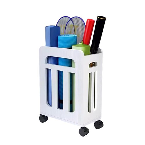 Storage Organizer Home Gym Yoga Mat Basket with Wheels, Solid Wood Yoga Mat Storage for Foam Roller Badminton Rackets Baseball Bats, Home Gym Decor/Yoga Accessories
