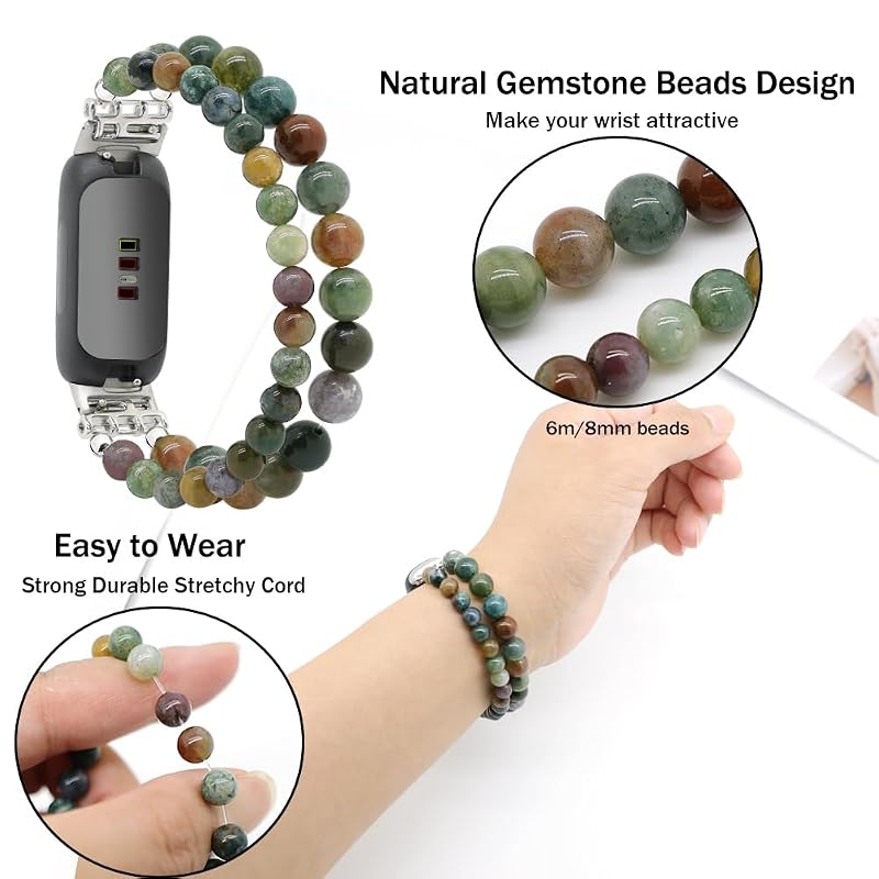 Beaded Fitbit Inspire 3 Bracelet Band - Indian Agate Variation, Adjustable Replacement Strap