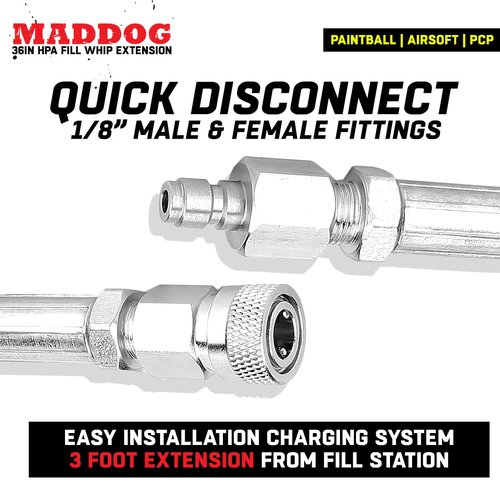 Maddog Paintball Airsoft Fill Whip Hose Extension 4500 Psi PCP - 36 inch Stainless Steel Charging System
