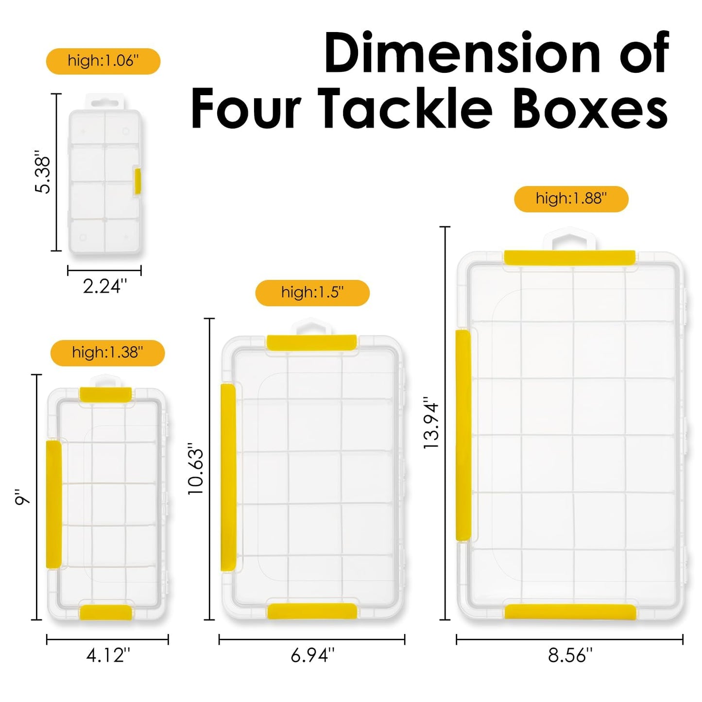 DOWELL Tackle Boxes, Plastic Tackle Storage Box Set, 4 Assorted Sizes with Removable Dividers, Fishing Tackle & Parts Organizer (4 Packs Trays)