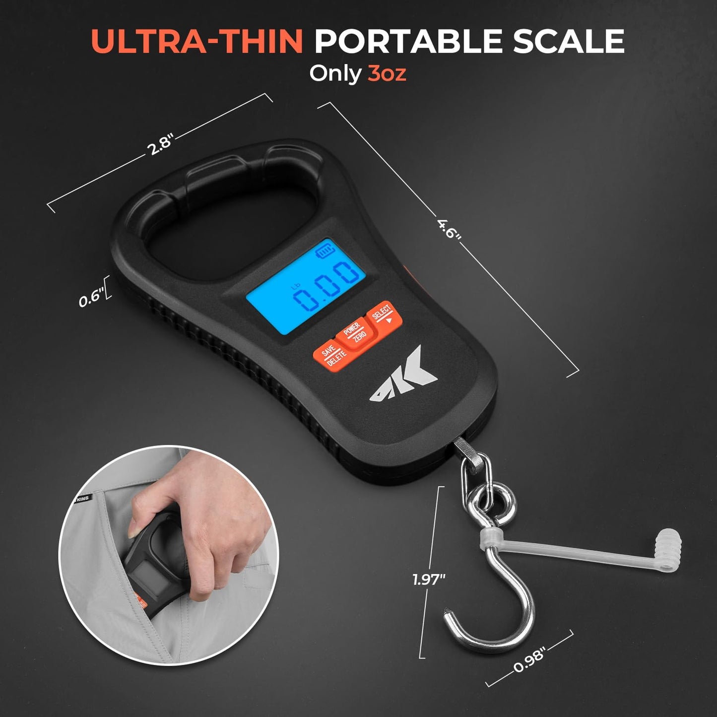 KastKing ToughTide Fishing Scale, USB Charging, 65lb Capacity, Ultra-Thin Digital Fish Scale, LCD Display, Ergonomic Handle, Fish Scales Digital Weight, Fishing Accessories for Men, Black