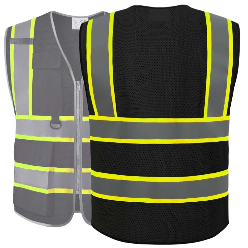 IDOU Black Hi Vis Safety Vest for Security Men Women, Reflective Work Vest with 8 Pockets, Zipper & Breathable Mesh/L