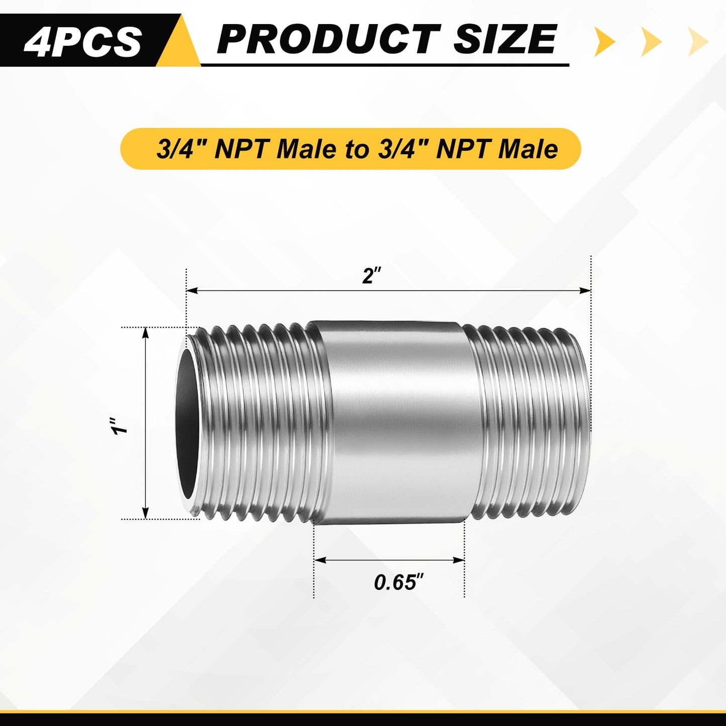 Otoolling 4 Pcs 304 Stainless Steel Pipe Fittings 3/4" NPT x 3/4" NPT Male Threaded 2" Length Nipple Cast Pipe Fittings for Oil Air Fuel