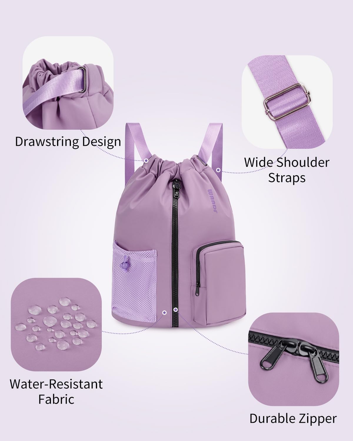 WANDF Drawstring Backpack with Shoe Compartment, Sports Gym Bag