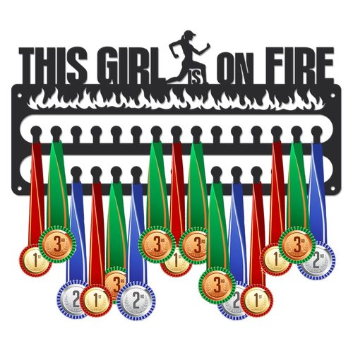 SUPERDANT Women's Running Medal Hanger Display This Girl is On Fire Medal Holder Wall Mount Running Medals Hanging 30 Hooks Matte Black Metal Awards Display Rack Gift for Runner