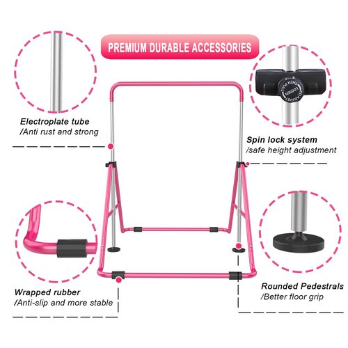 Gymnastic Bars for Kids with Adjustable Height, Folding Gymnastic Training Kip Bar, Junior Expandable Horizontal Monkey Bar for Home (Pink_Mat)