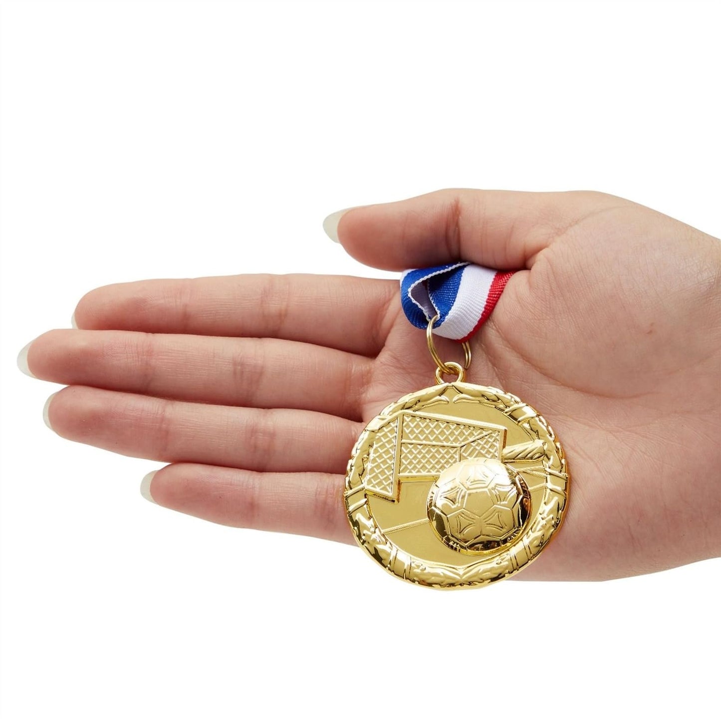 Juvale Soccer Medals - 12-Pack, 2-Inch Gold Zinc Alloy with 15.5-Inch Red, White & Blue Ribbons - Soccer Party Favors, Trophy Award - 1st Place Medals