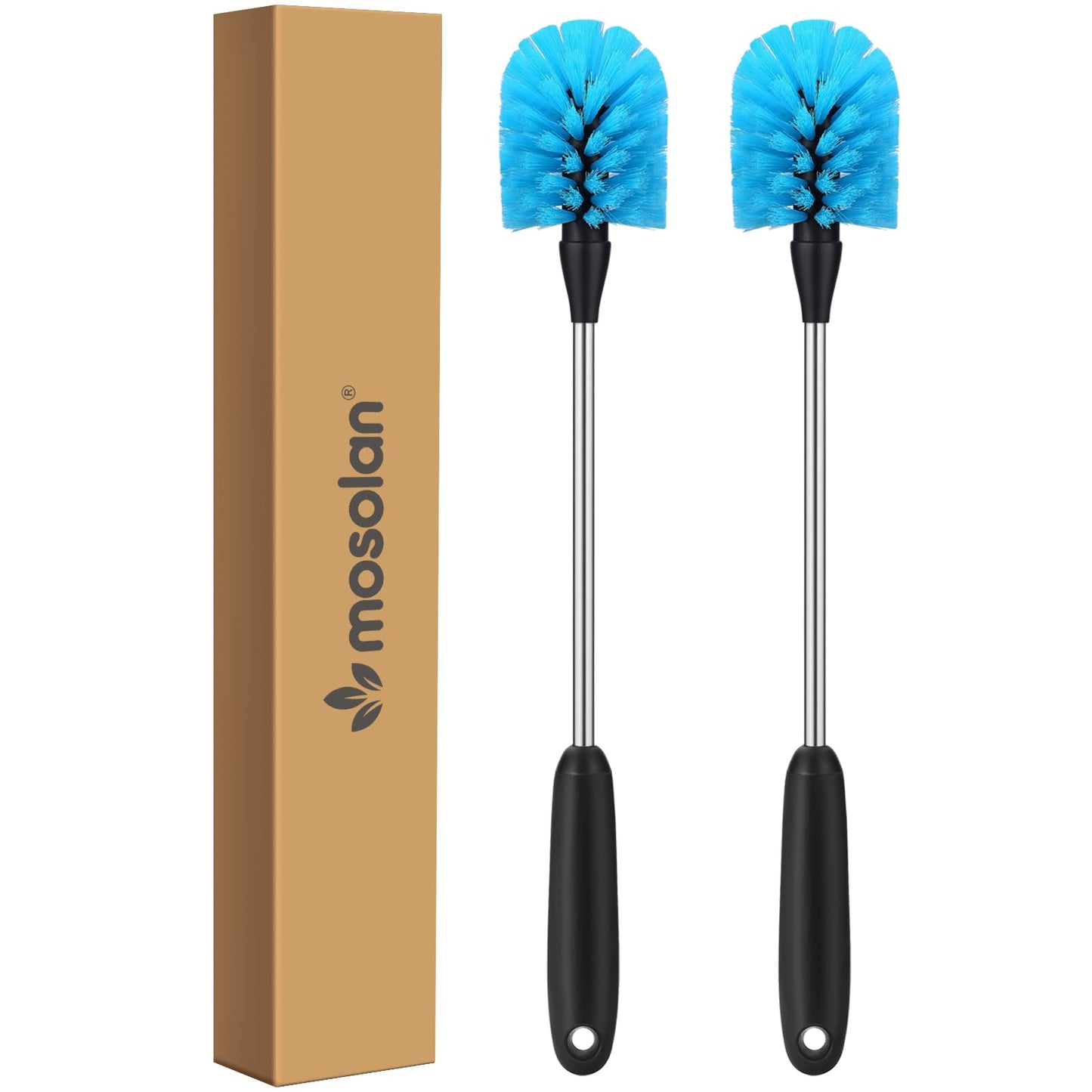 MOSOLAN Stainless Steel Water Bottle Brush, Long Handle Scrubbing Brush, Built for Cleaning Sport Bottles, Baby Bottles, Cups, Coffee Mugs, Glasswares, Wine Decanters, Flask, 2 Pack, 15 in