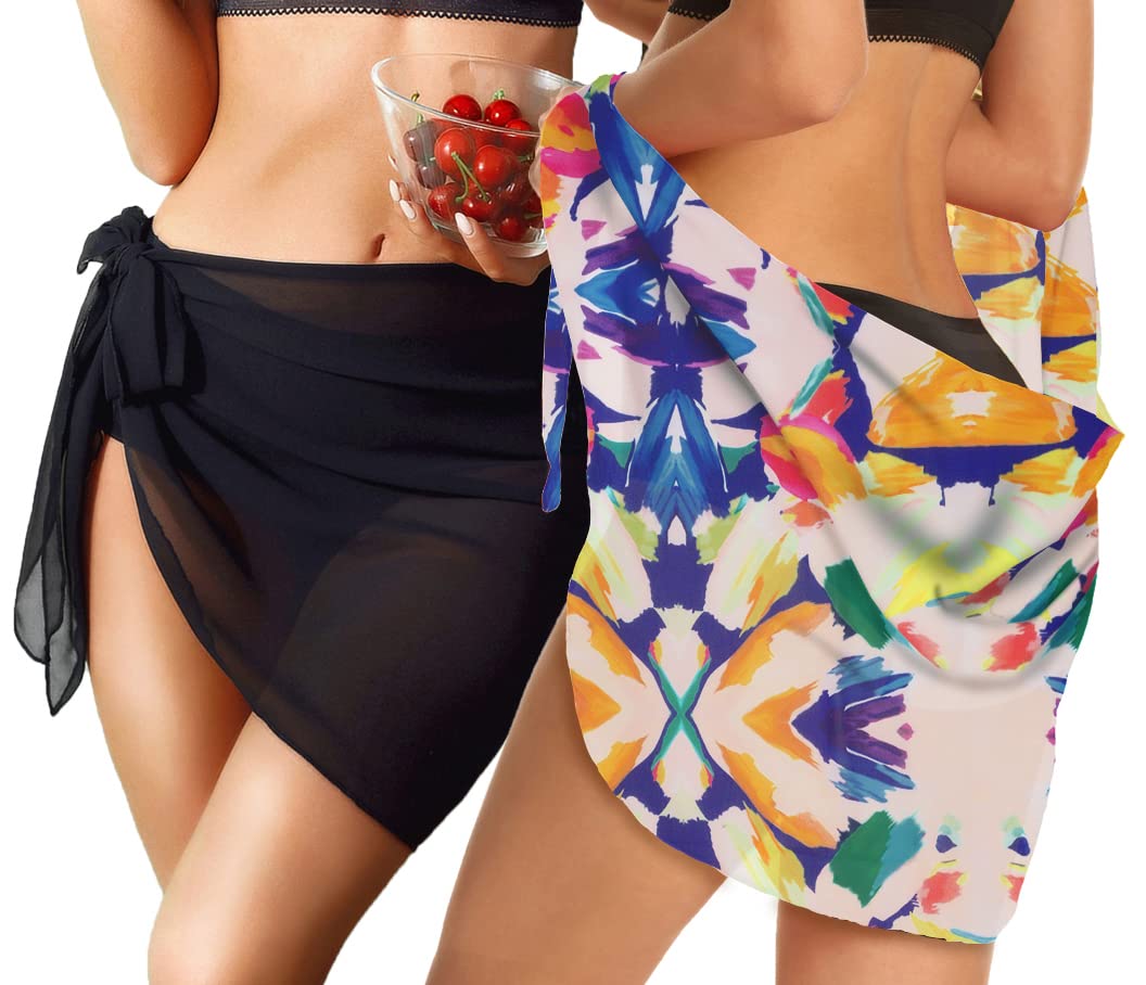 2 Pieces Sarong Cover Ups for Women Beach Bathing Suit Wrap Sheer Short Skirt Bikini Chiffon Scarf for Swimwear (Black & Colorful Paint)