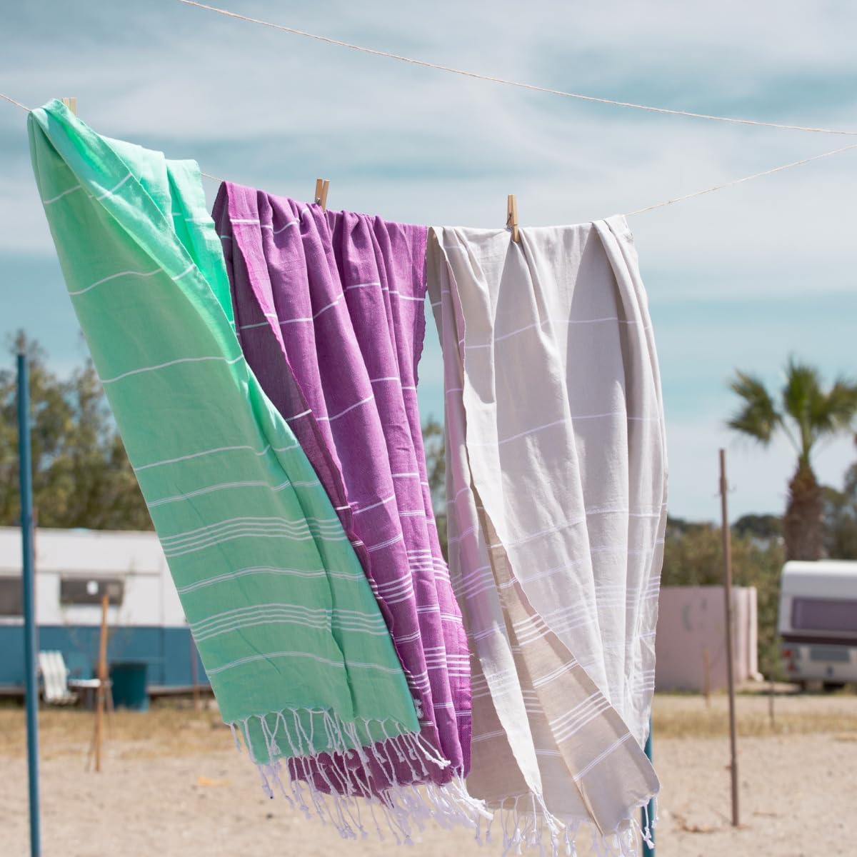 BAY LAUREL Turkish Beach Towel with Travel Bag 39 x 71 Quick Dry Sand Free Lightweight Large Oversized Towels Light - (Aqua with Mix Blue)