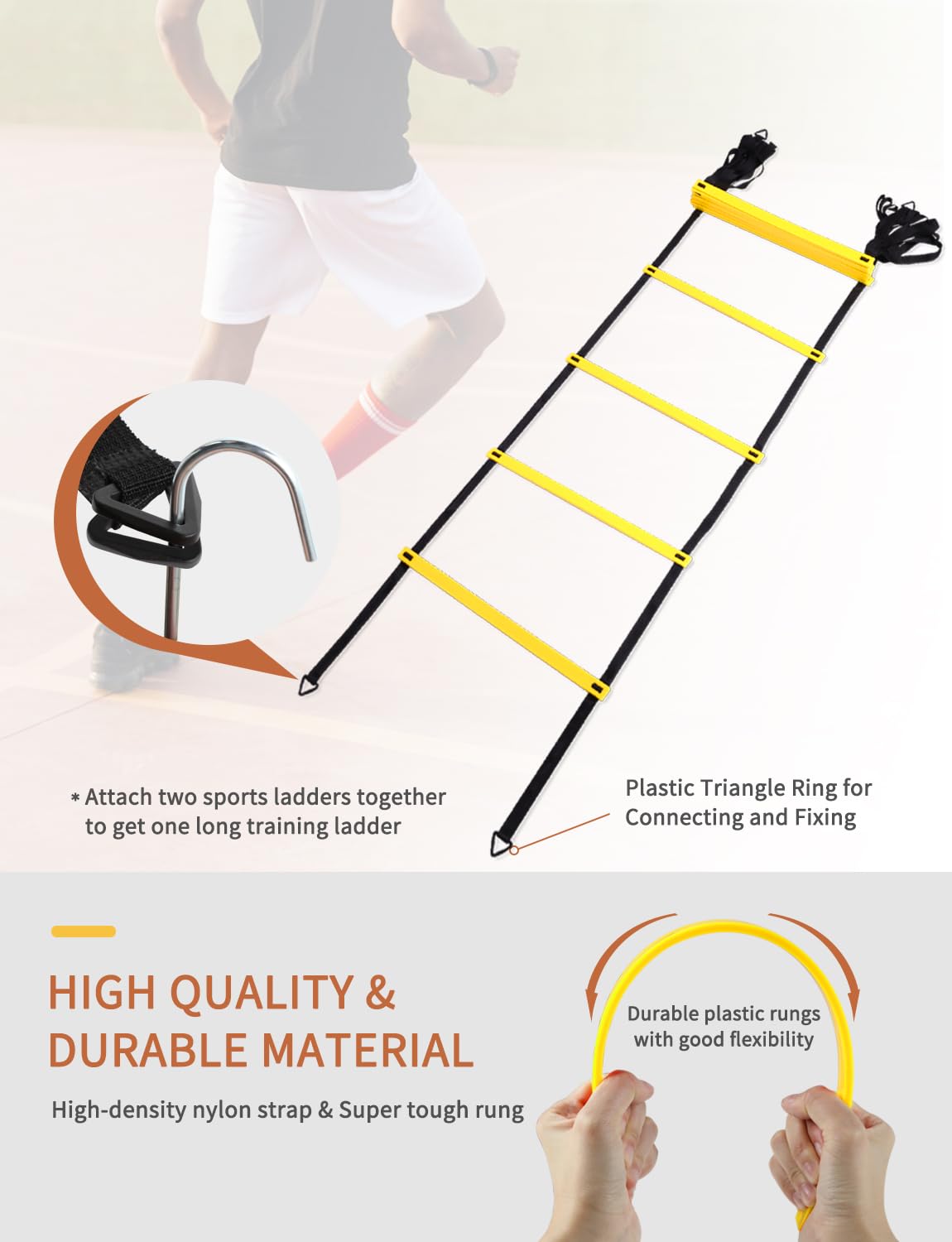 YISSVIC Agility Ladder and Cones 20 Feet 12 Adjustable Rungs Fitness Speed Training Equipment,1 Carry Bags, 10 Cones, 4 Stakes, Basketball, Soccer (20 feet Yellow)