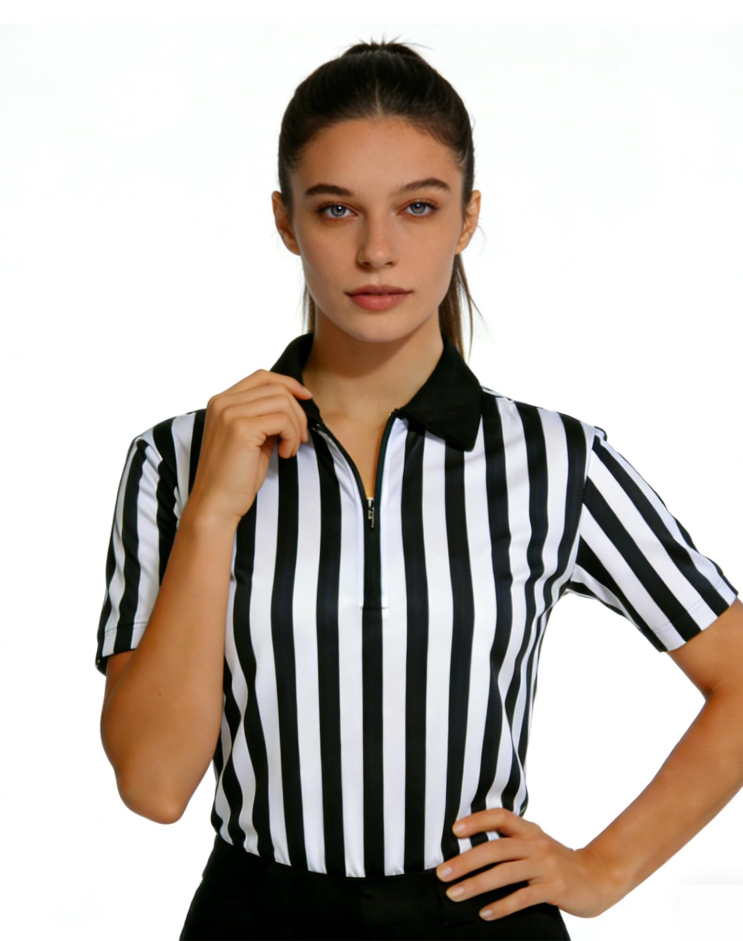 WILLBEFIT Women's Referee Shirt Official Football Basketball Zipper Ref Jersey for Halloween Costume Umpire Waitress Uniform XXL