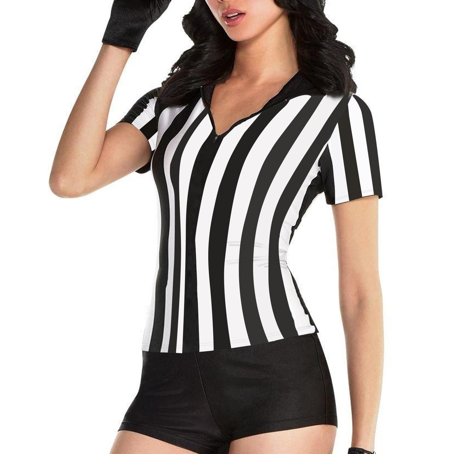VKT Referee Shirt Womens Official Ref Jersey Black And White Stripe Zipper Uniform For Basketball Football Soccer Halloween Costume M