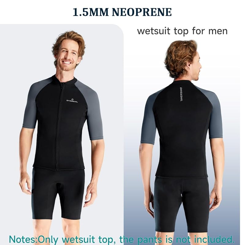 1.5mm Neoprene Wetsuit Top Jacket with Front Zip — Short Sleeve, Black, Men's Large
