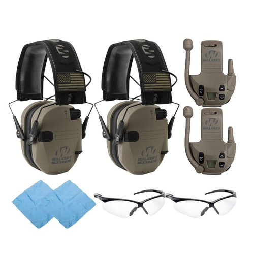 Walker's Razor Slim Electronic Muff (FDE Patriot Version, 2-Pack) Bundle with 22-Channel Walkie-Talkie Attachment (2-Pack), Shooting Glasses (2-Pack) and Cleaning Cloth (2-Pack) (8 Items)
